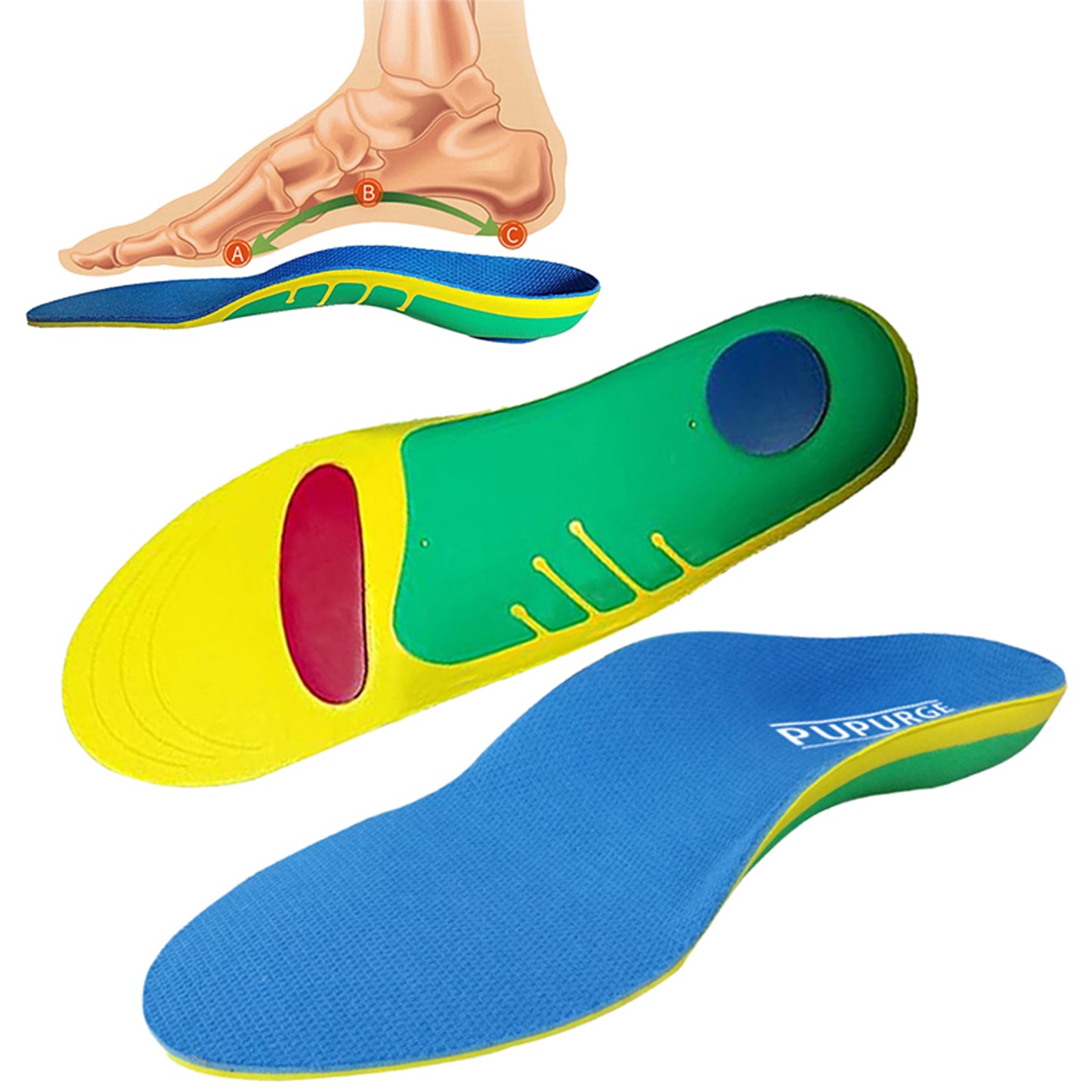 PUPURGE Plantar fasciitis insoles for plantar fasciitis relief, shoe insoles for flat feet, arch support inserts and shoe inserts for walking all day, gel insoles for men and insoles for women.