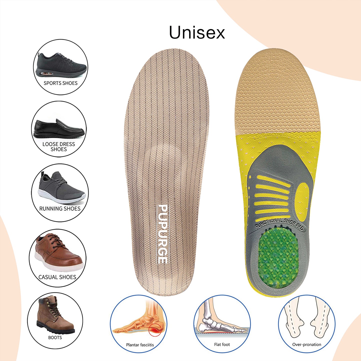 PUPURGE Plantar fasciitis insoles for plantar fasciitis relief, shoe insoles for flat feet, arch support inserts and best insoles for standing all day, insoles men and insoles for women.