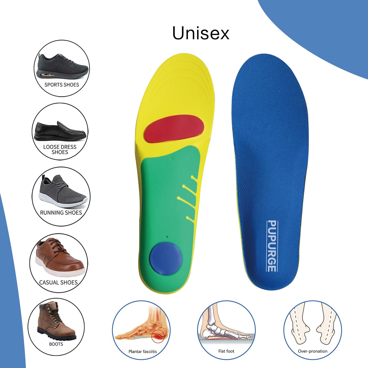 PUPURGE Plantar fasciitis insoles for plantar fasciitis relief, shoe insoles for flat feet, arch support inserts and shoe inserts for walking all day, gel insoles for men and insoles for women.